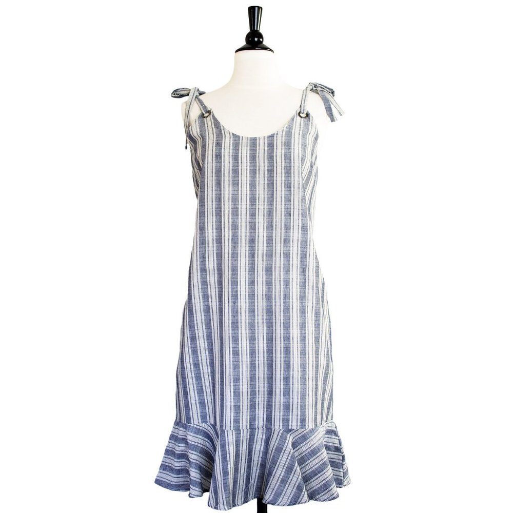 Mystree Blue + White Stripe Tie-Strap Relaxed Fit Sleeveless Dress Cotton NWT